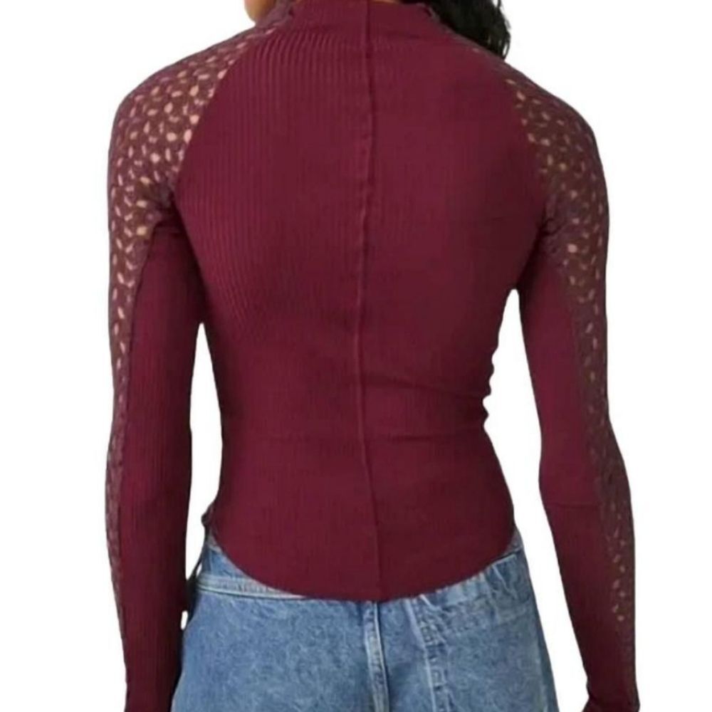 Free People clementine ribbed mixed media top in burgundy Size Medium Nwt - Picture 2 of 8